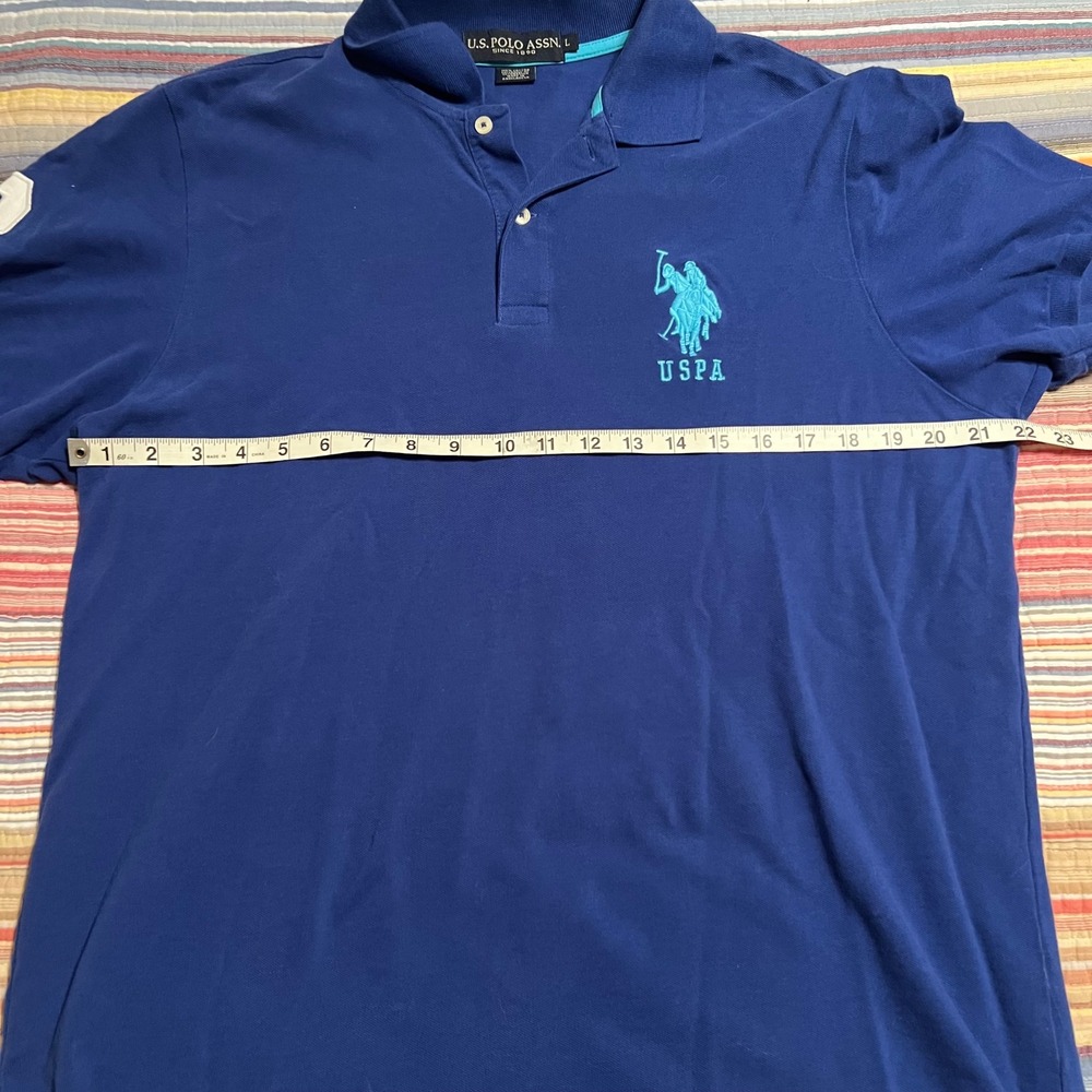 US Polo Assn Polo Shirt Men Large Blue Short Sleeve‎ "3" Logo Pique Cotton - Picture 6 of 7